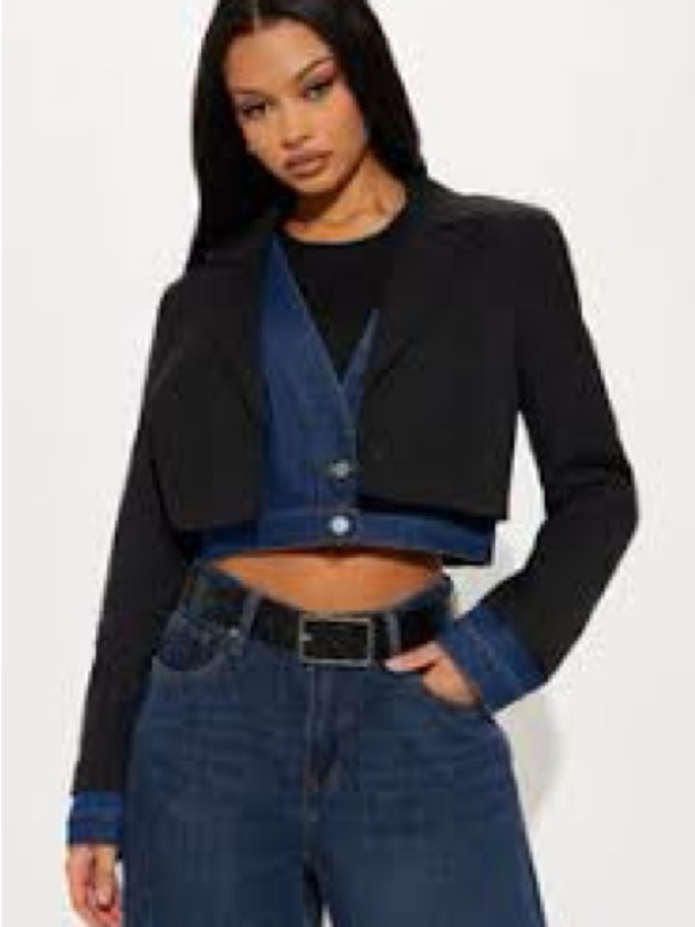 Fashion Nova Black Cropped Button-Down Shirt with Blue Denim Trim